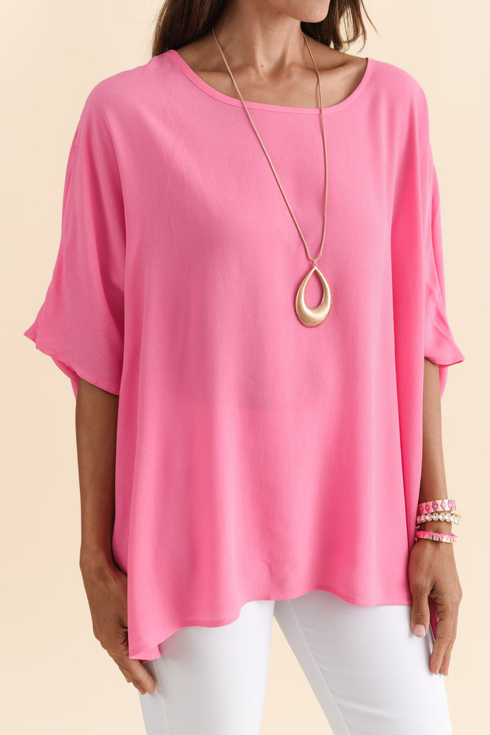 Mali Hot Pink Drape Top,Brunette model,alt text|model:Cara