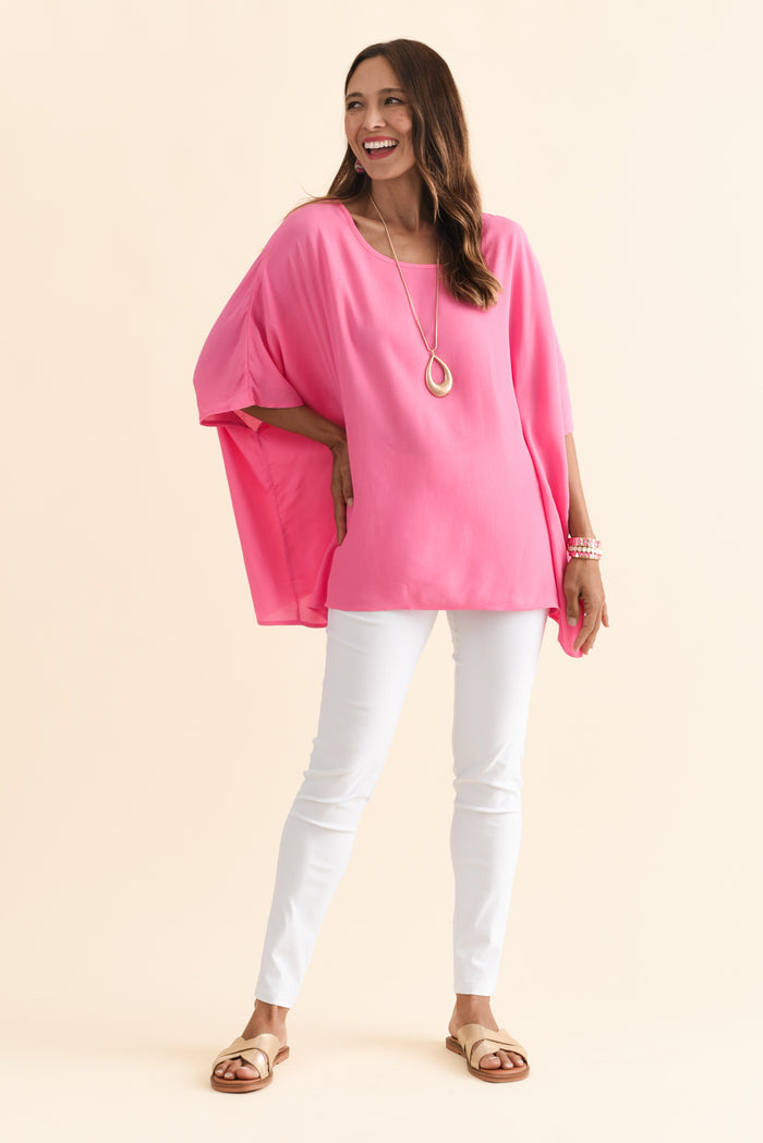 Mali Hot Pink Drape Top,Brunette model,alt text|model:Cara