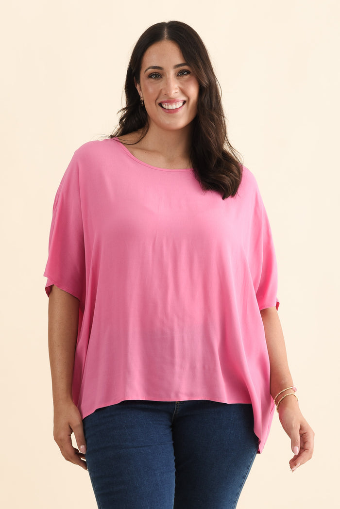 Mali Hot Pink Drape Top,Brunette model,alt text|model:Emilia