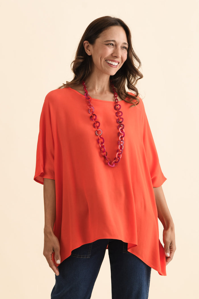 Mali Orange Drape Top,Brunette model,alt text|model:Cara