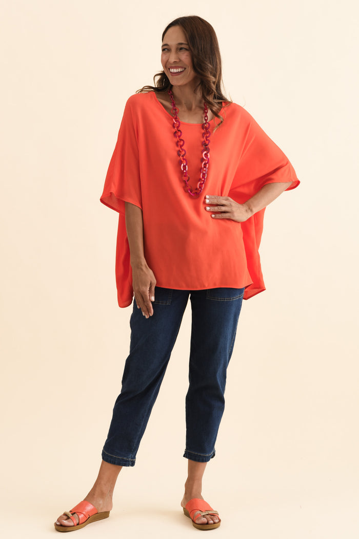 Mali Orange Drape Top,Brunette model,alt text|model:Cara