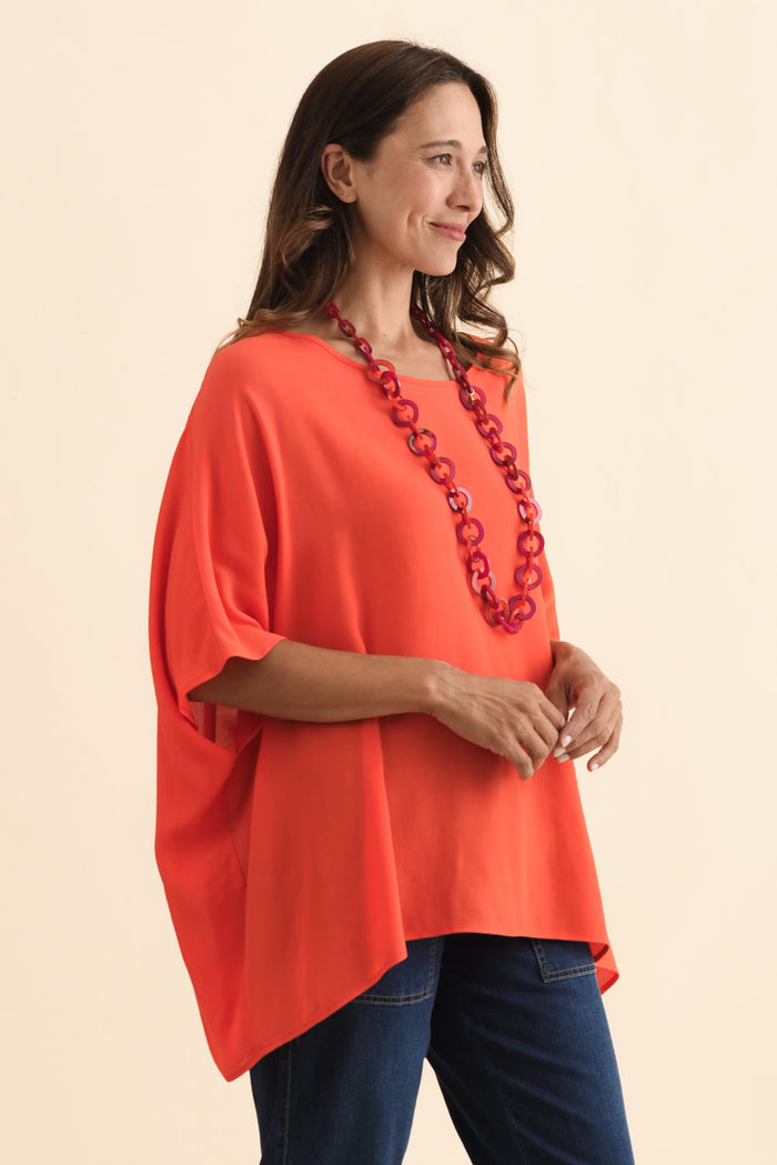 Mali Orange Drape Top,Brunette model,alt text|model:Cara
