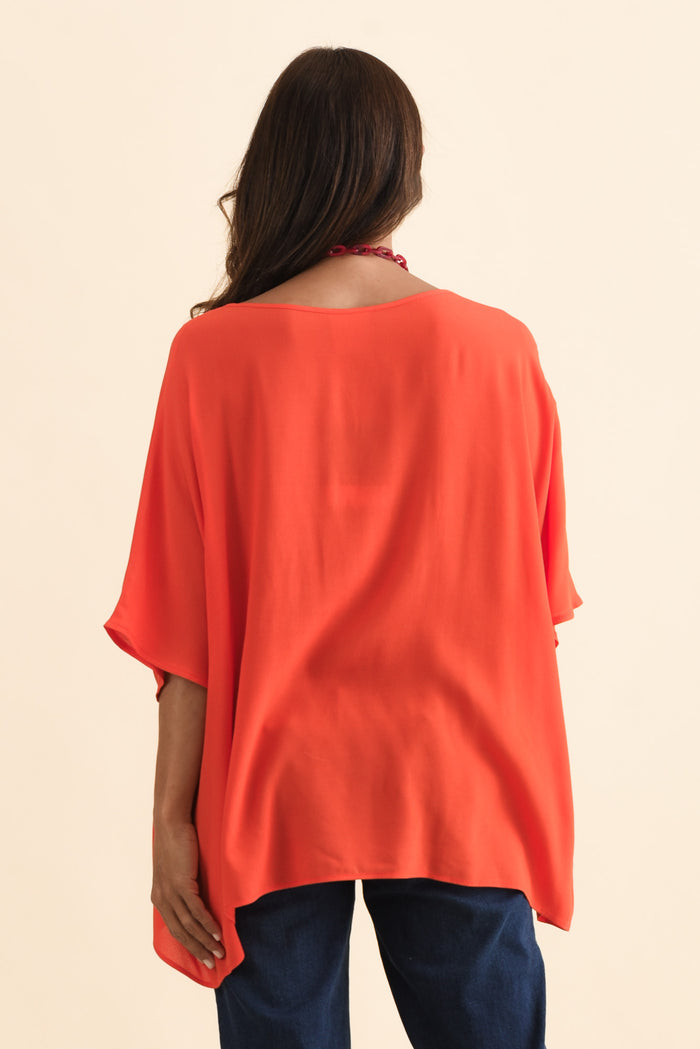 Mali Orange Drape Top,Brunette model,alt text|model:Cara