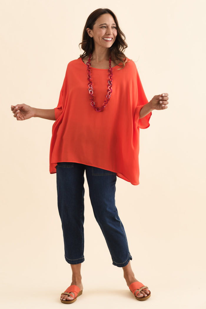 Mali Orange Drape Top,Brunette model,alt text|model:Cara