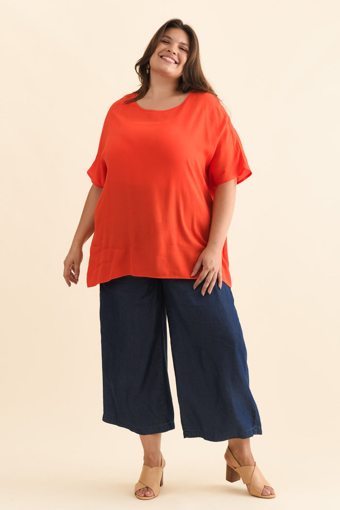 Mali Orange Drape Top,Brunette model,alt text|model:Gabby