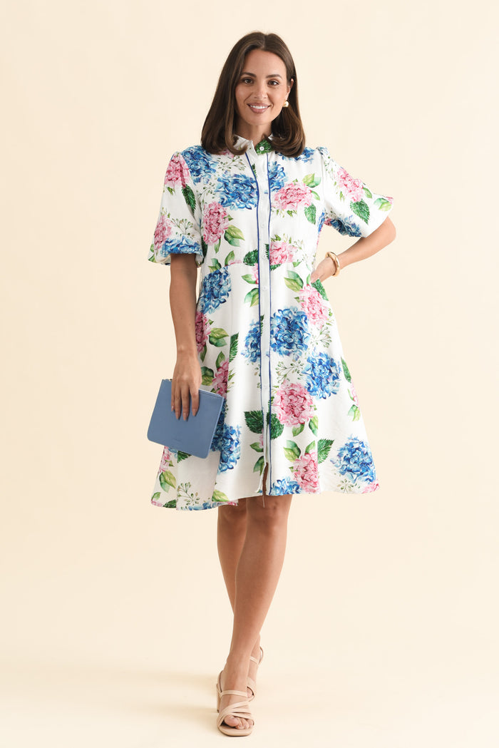 Malia White Flower Linen Cotton Dress,Brunette model,alt text|model:MJ