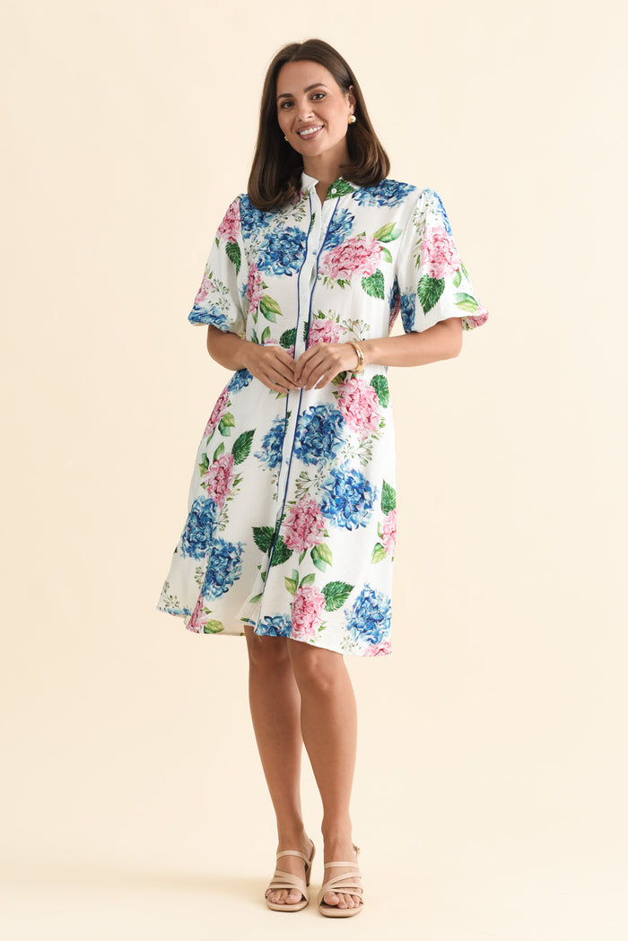 Malia White Flower Linen Cotton Dress,Brunette model,alt text|model:MJ
