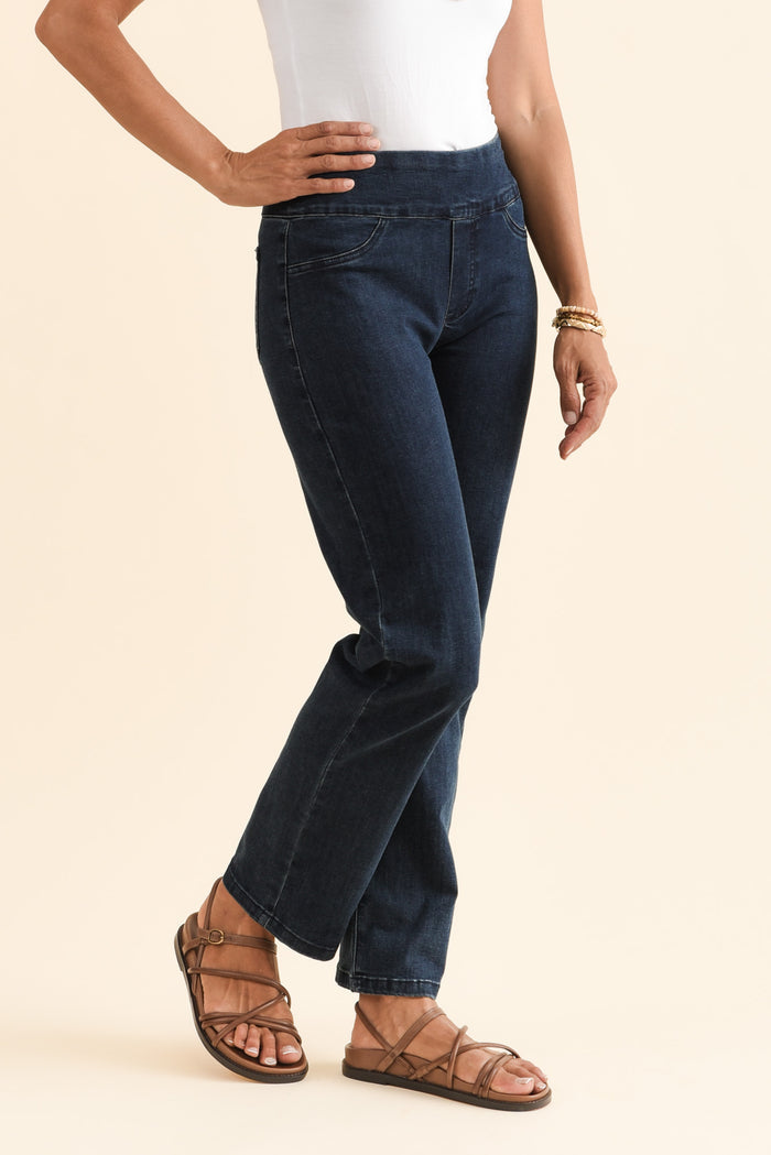Mallory Dark Denim Stretch Jeans,Brunette model,alt text|model:Cara