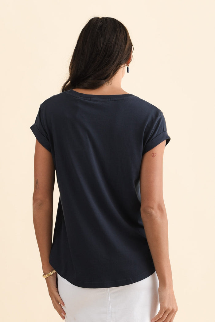 Manly Navy Cotton Tee,Brunette model,alt text|model:Brontie