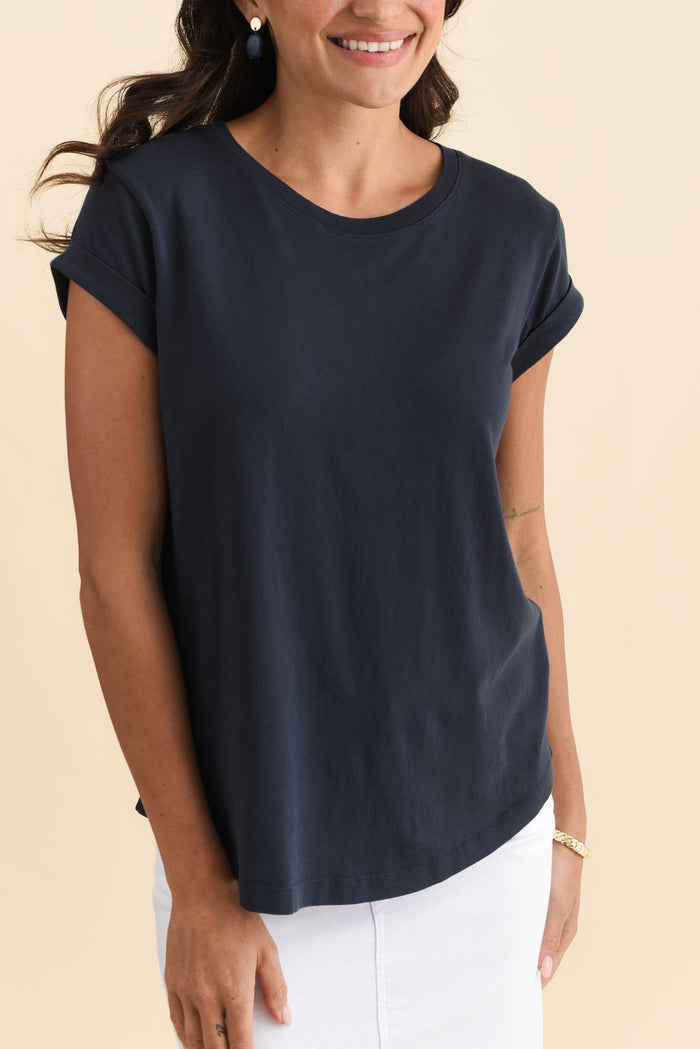 Manly Navy Cotton Tee,Brunette model,alt text|model:Brontie