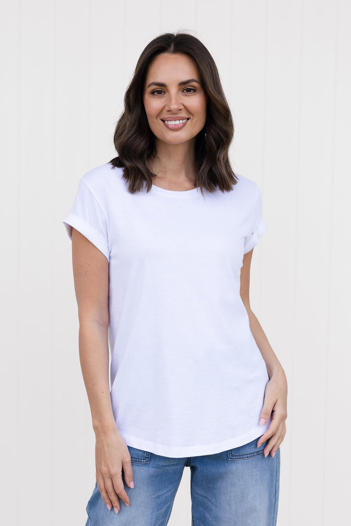 Manly White Cotton Tee BB Barrel Blue Jean,brunette model,Front of Outfit,Lifestyle