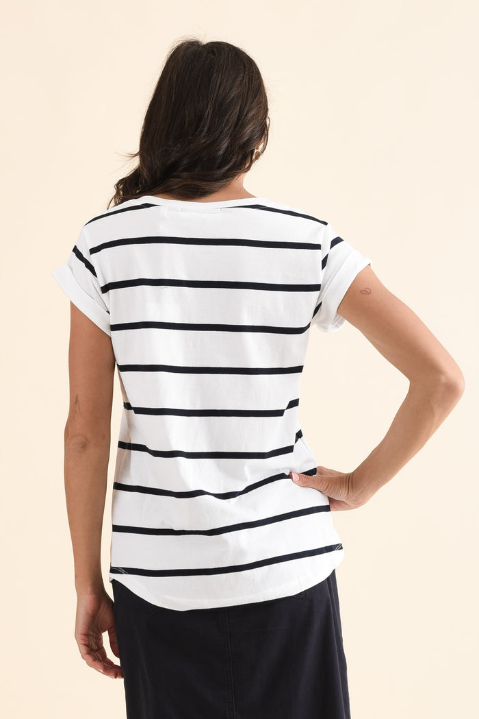 Manly White Stripe Cotton Vee Tee,Back,Brunette model,alt text|model:Brontie