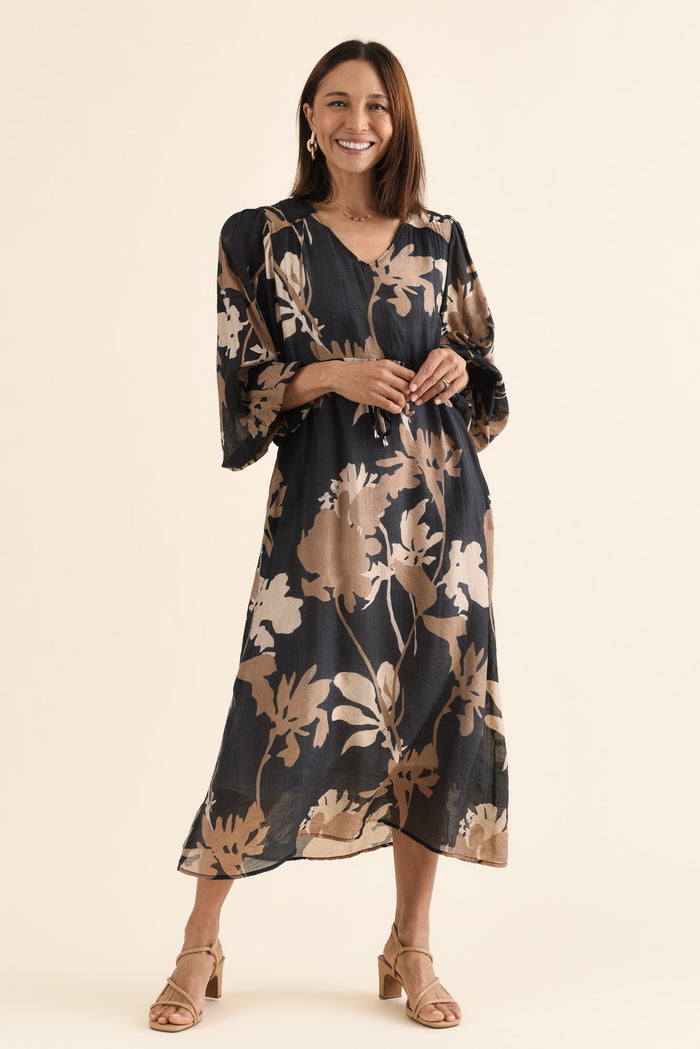Mareli Black Floral Tie Dress,Front,Brunette model,alt text|model:Cara