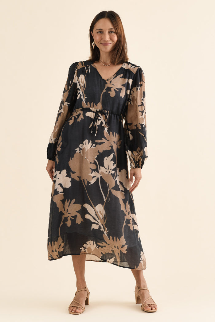 Mareli Black Floral Tie Dress,Full Body,Brunette model,alt text|model:Cara