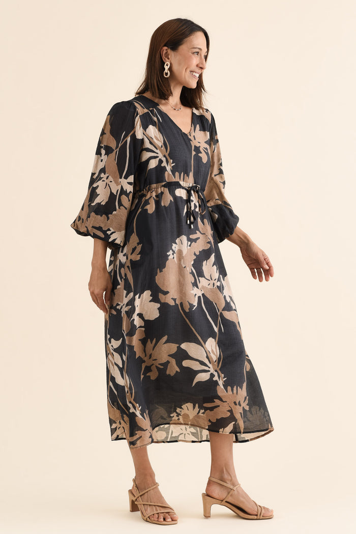 Mareli Black Floral Tie Dress,Side,Brunette model,alt text|model:Cara
