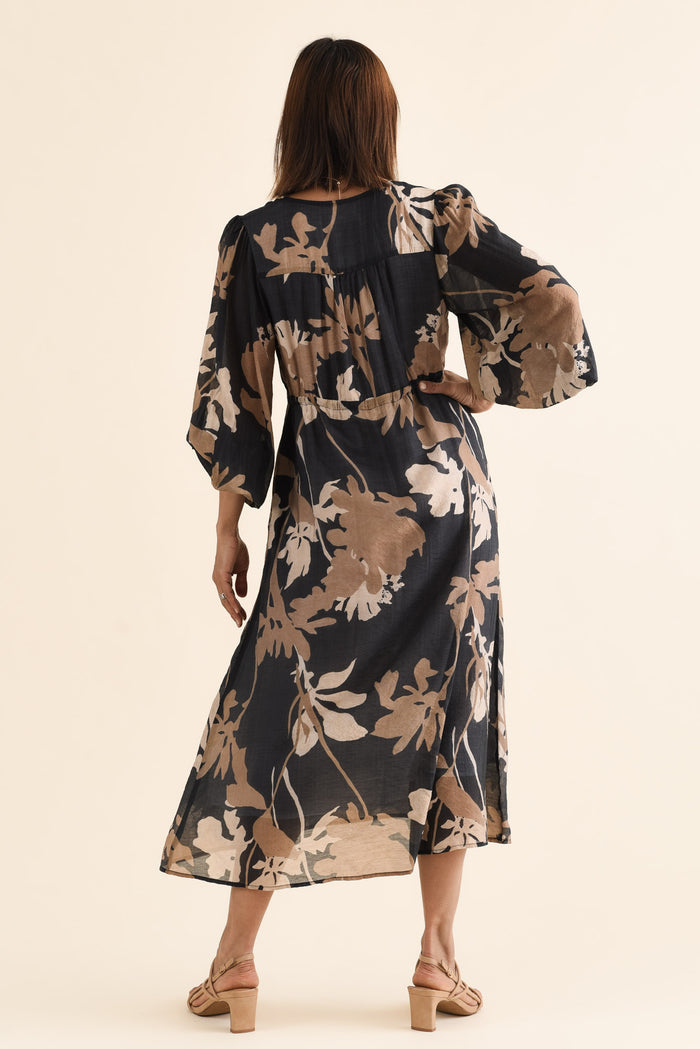 Mareli Black Floral Tie Dress,Back,Brunette model,alt text|model:Cara