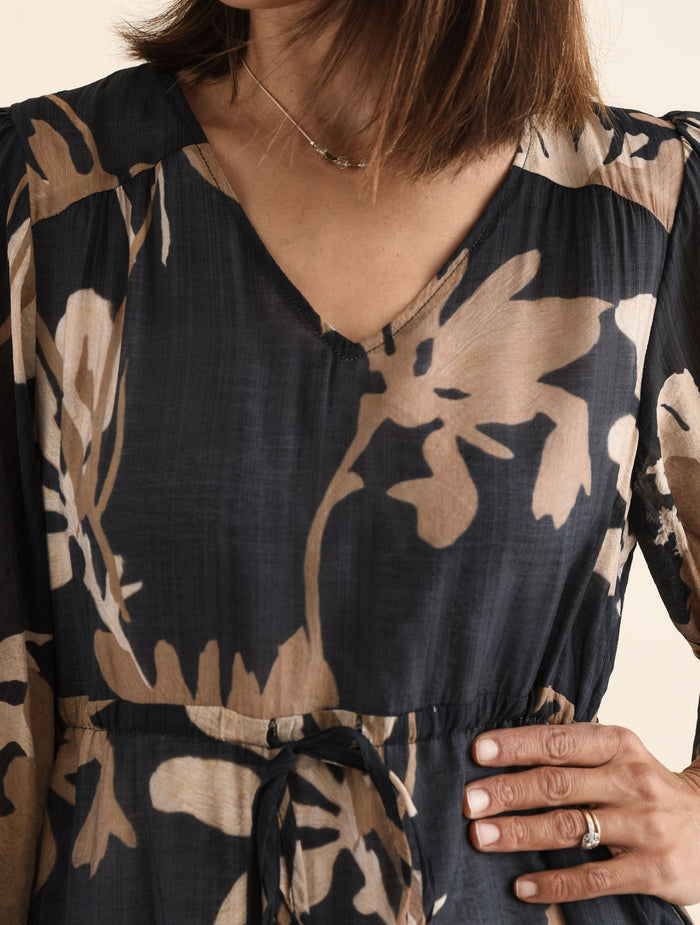 Mareli Black Floral Tie Dress,Detail,Brunette model,alt text|model:Cara