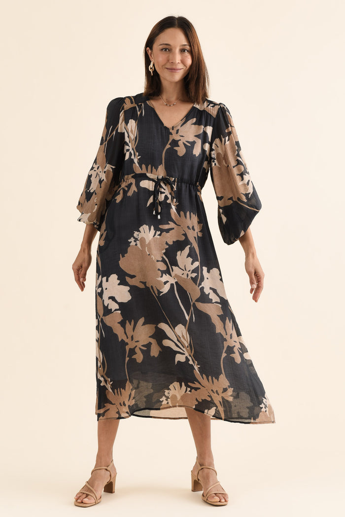 Mareli Black Floral Tie Dress,Full Body,Brunette model,alt text|model:Cara