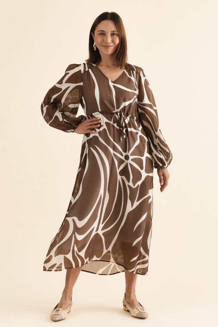 Mareli Mocha Abstract Tie Dress,Front,Brunette model,alt text|model:Cara