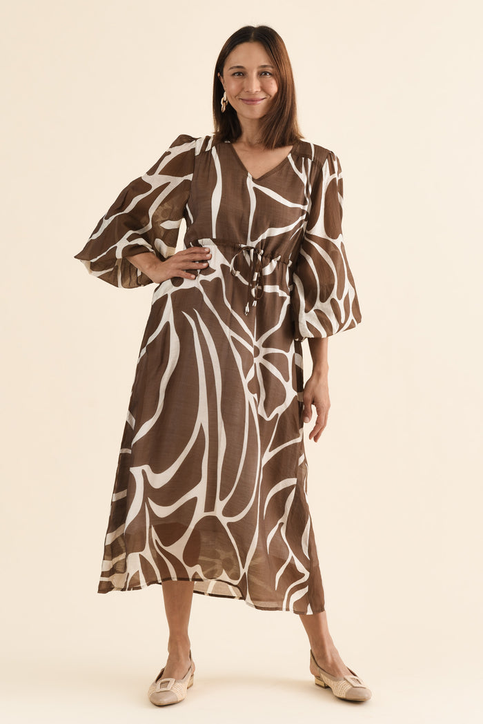 Mareli Mocha Abstract Tie Dress,Full Body,Brunette model,alt text|model:Cara