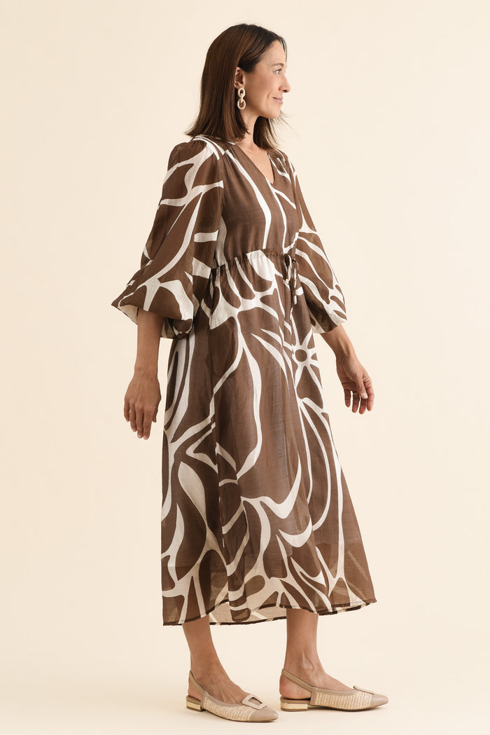 Mareli Mocha Abstract Tie Dress,Side,Brunette model,alt text|model:Cara