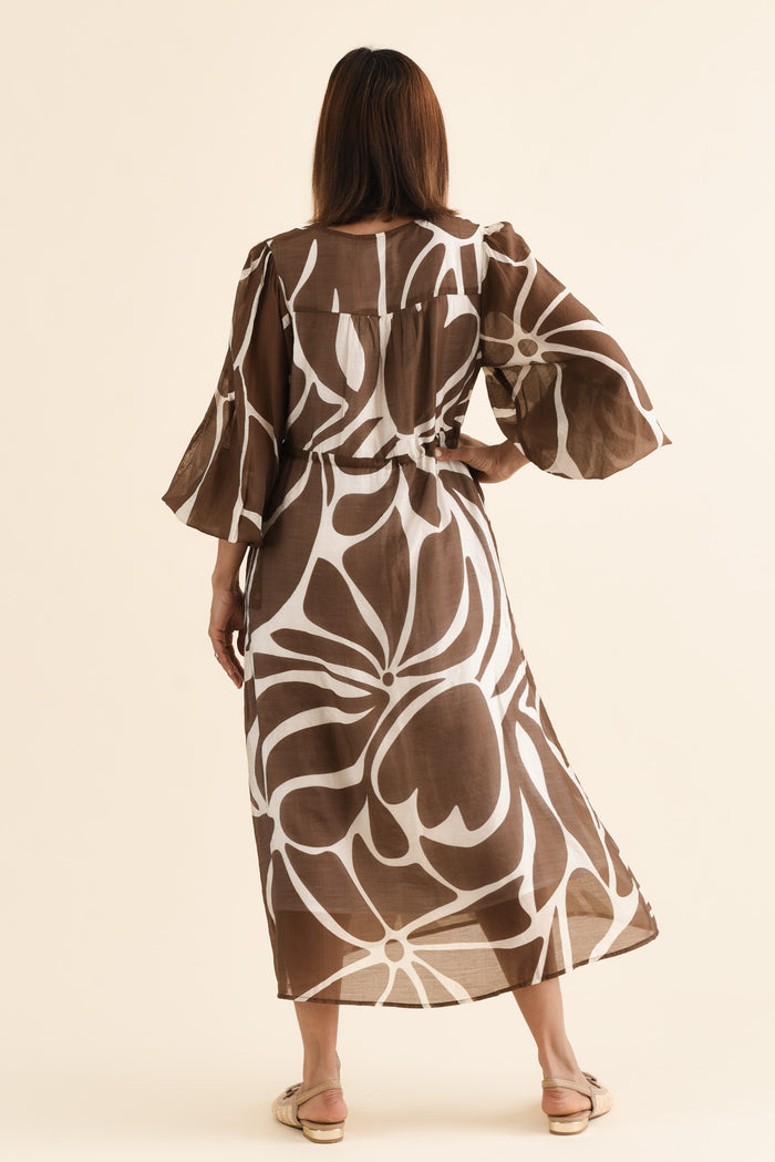 Mareli Mocha Abstract Tie Dress,Back,Brunette model,alt text|model:Cara