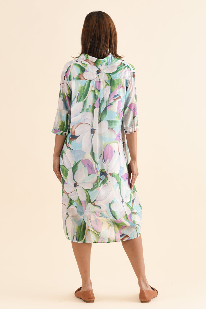 Mario Green Bloom Pocket Dress,Back,Brunette model,alt text|model:Cara