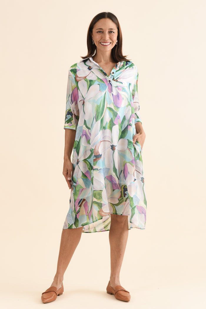Mario Green Bloom Pocket Dress,Full Body,Brunette model,alt text|model:Cara