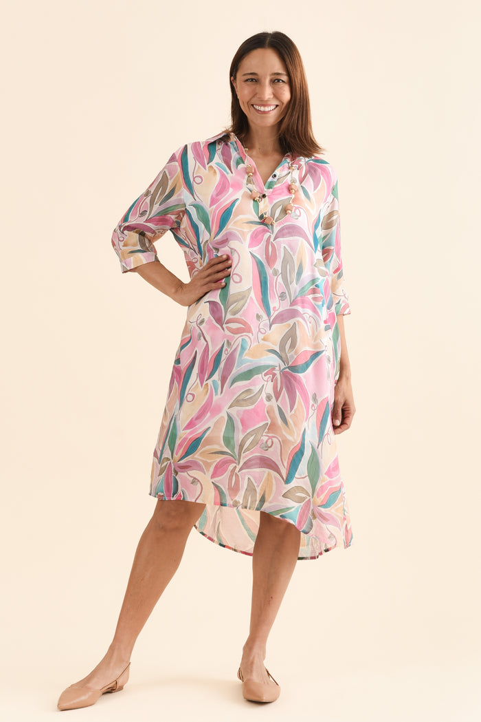 Mario Pink Geo Pocket Dress,Full Body,Brunette model,alt text|model:Cara