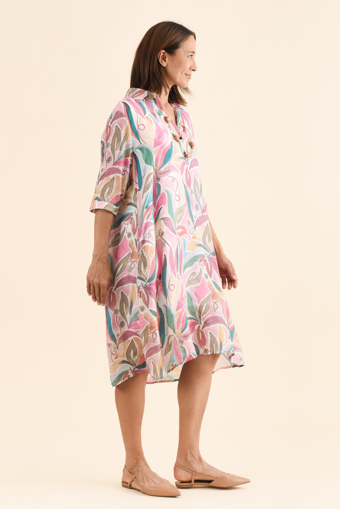 Mario Pink Geo Pocket Dress,Side,Brunette model,alt text|model:Cara
