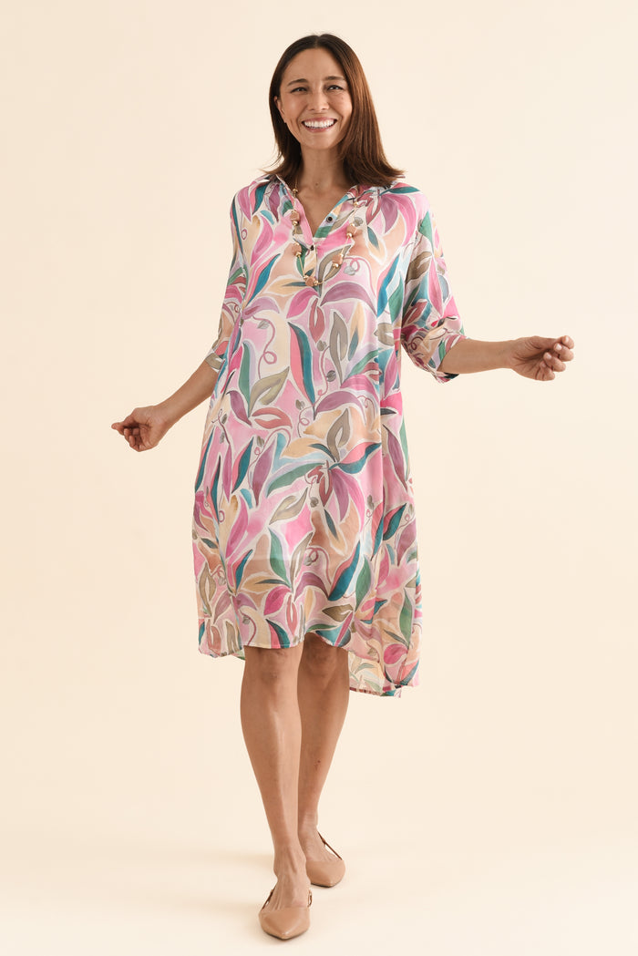 Mario Pink Geo Pocket Dress,Full Body,Brunette model,alt text|model:Cara