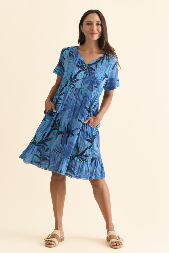 Marisol Blue Leaf Crinkle Cotton Dress,Brunette model,alt text|model:Cara