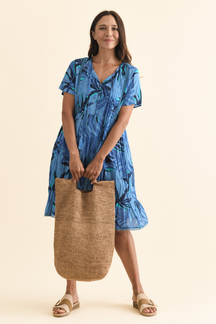 Marisol Blue Leaf Crinkle Cotton Dress,Brunette model,alt text|model:Cara