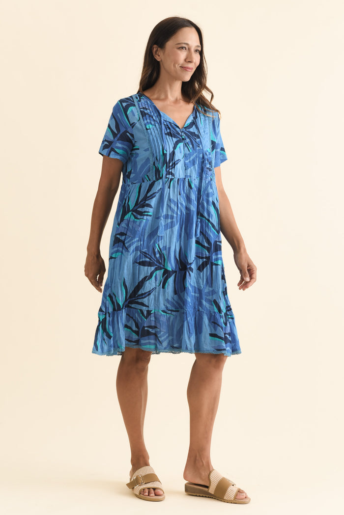 Marisol Blue Leaf Crinkle Cotton Dress,Brunette model,alt text|model:Cara