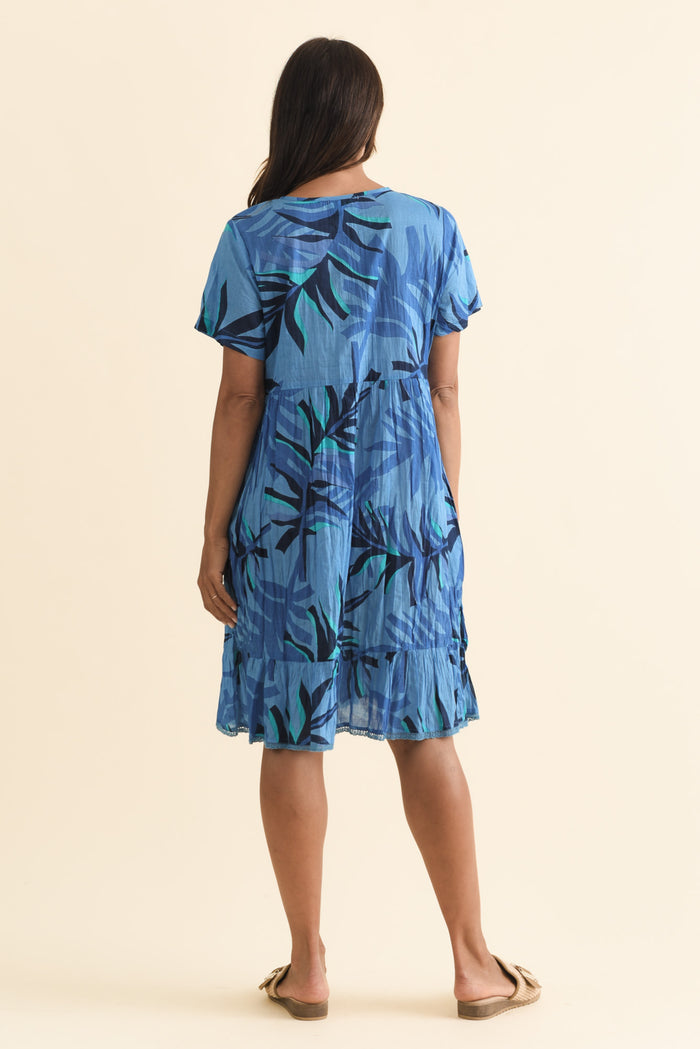 Marisol Blue Leaf Crinkle Cotton Dress,Brunette model,alt text|model:Cara