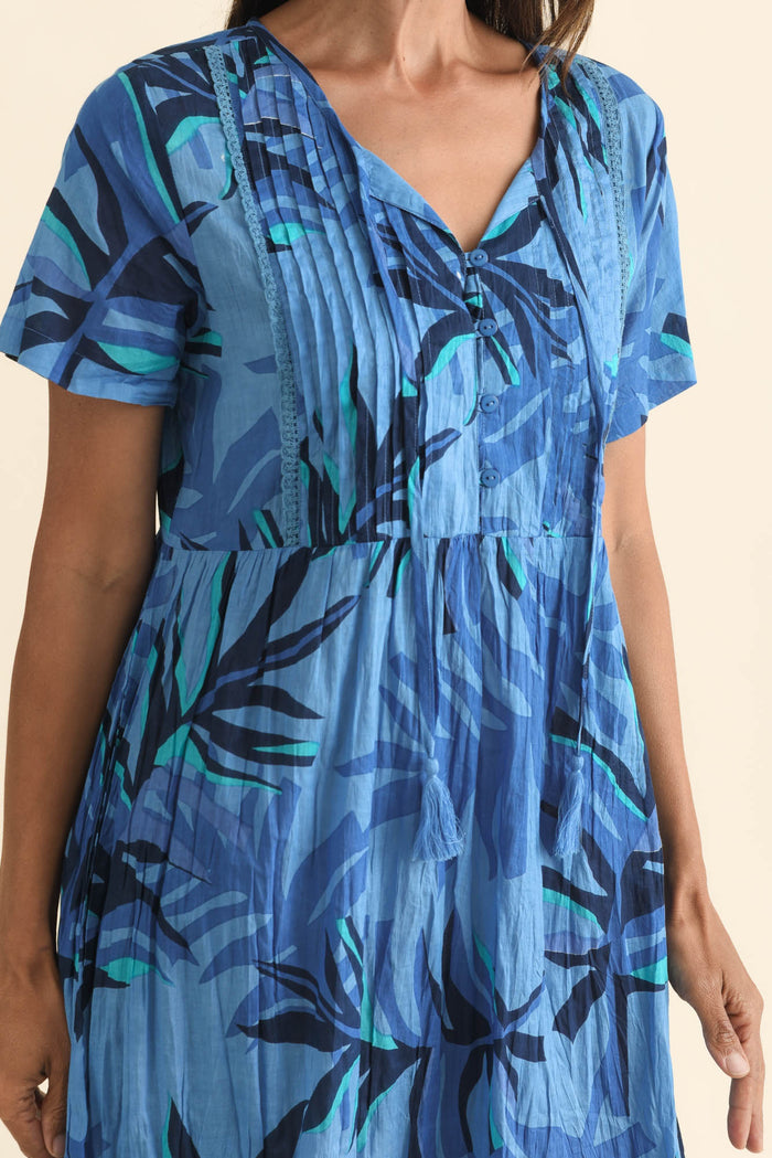 Marisol Blue Leaf Crinkle Cotton Dress,Brunette model,alt text|model:Cara