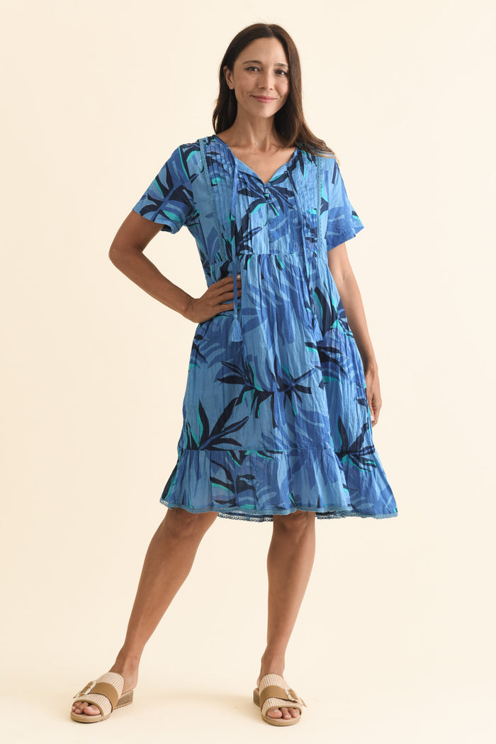 Marisol Blue Leaf Crinkle Cotton Dress,Brunette model,alt text|model:Cara
