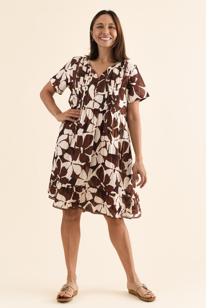 Marisol Chocolate Garden Crinkle Cotton Dress,Full Body,Brunette model,alt text|model:Cara