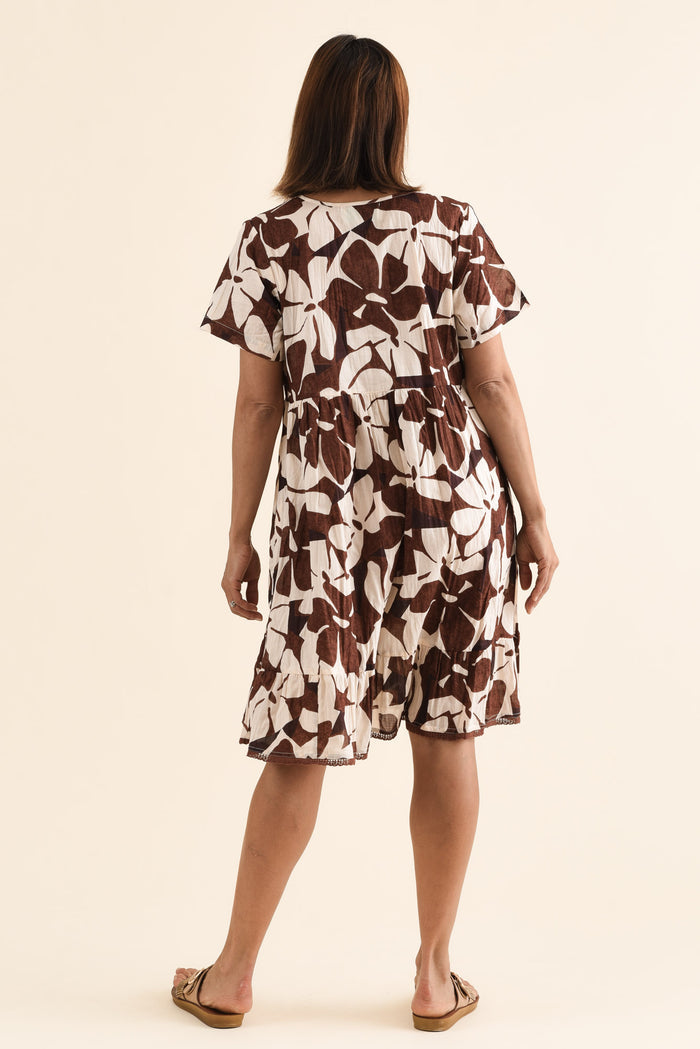 Marisol Chocolate Garden Crinkle Cotton Dress,Back,Brunette model,alt text|model:Cara