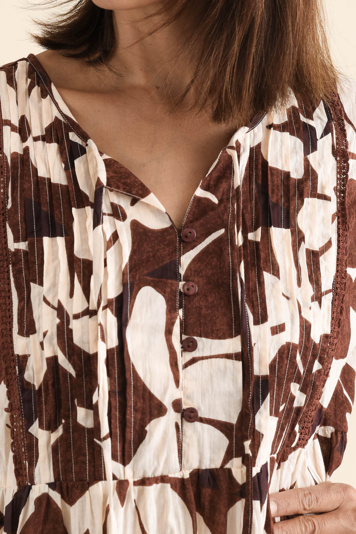 Marisol Chocolate Garden Crinkle Cotton Dress,Detail,Brunette model,alt text|model:Cara