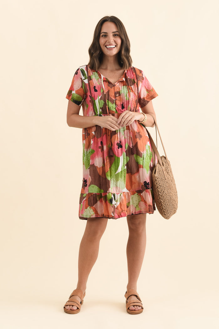 Marisol Pink Floral Crinkle Cotton Dress,Brunette model,alt text|model:MJ