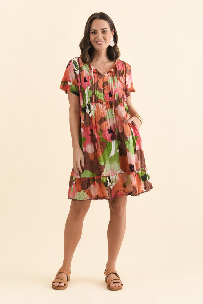 Marisol Pink Floral Crinkle Cotton Dress,Brunette model,alt text|model:MJ