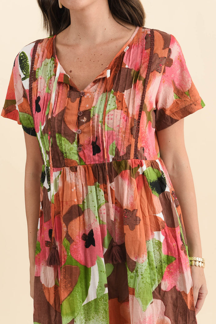 Marisol Pink Floral Crinkle Cotton Dress,Brunette model,alt text|model:MJ