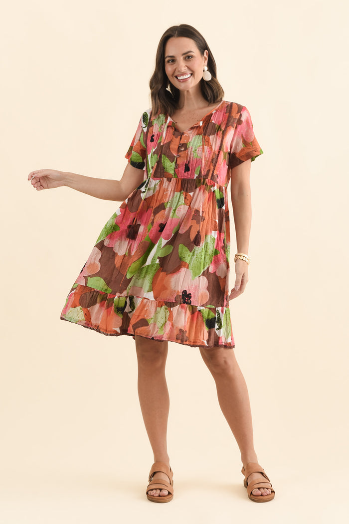 Marisol Pink Floral Crinkle Cotton Dress,Brunette model,alt text|model:MJ