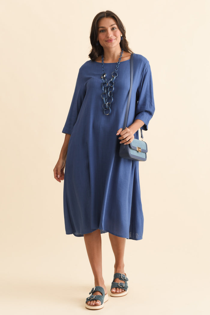 Marley Blue Linen Blend Dress,Brunette model,alt text|model:Brontie