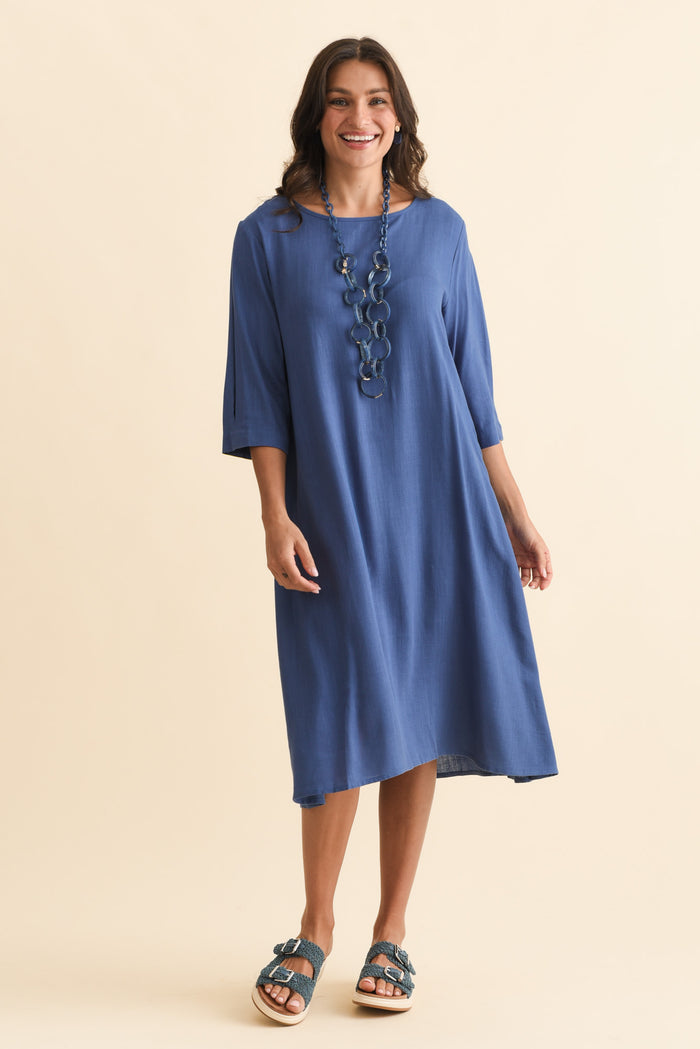 Marley Blue Linen Blend Dress,Brunette model,alt text|model:Brontie