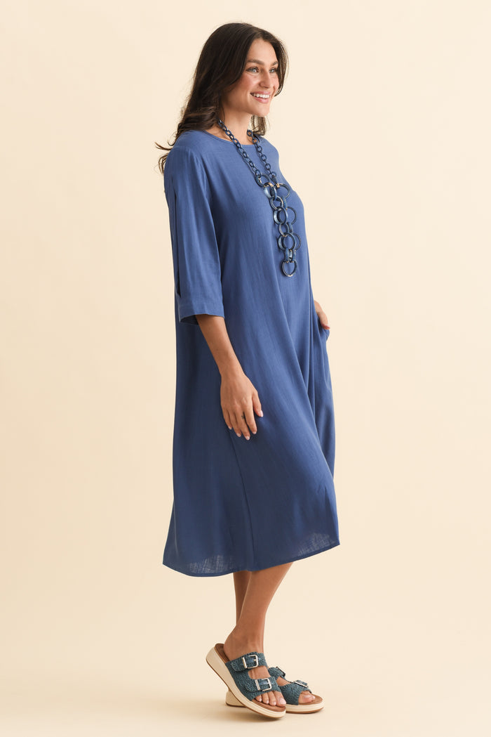 Marley Blue Linen Blend Dress,Brunette model,alt text|model:Brontie