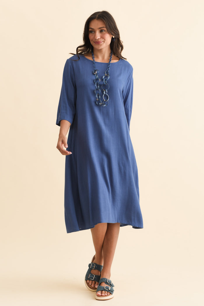 Marley Blue Linen Blend Dress,Brunette model,alt text|model:Brontie