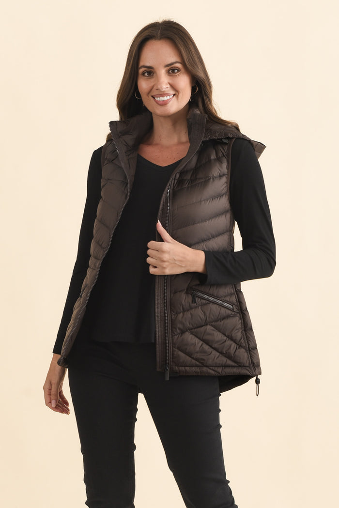 Maryclaire Chocolate Down Puffer Vest,Brunette model,alt text|model:MJ