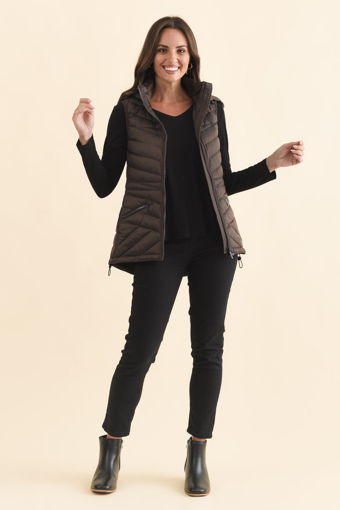 Maryclaire Chocolate Down Puffer Vest,Brunette model,alt text|model:MJ